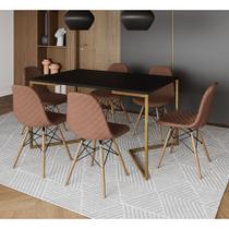 Mesa Industrial Retangular Preta Base V Dourada 137x90cm com 6 Cadeiras Estofadas Caramelo Madeira Mesa Industrial Retangular Preta Base V Dourada 137x90cm com 6 Cadeiras Estofadas Caramelo Madeira
