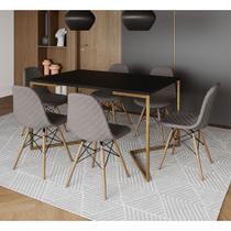 Mesa Industrial Retangular Preta Base V Dourada 137x90cm com 6 Cadeiras Estofadas Grafite Madeira