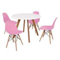Mesa Inês 100cm Branca + 4 Cadeiras Eames Eiffel - Rosa