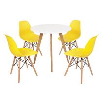 Mesa Inês 80cm Branca + 4 Cadeiras Eames Eiffel - Amarela
