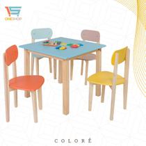 Mesa Infantil Colorê: 4 Cadeiras Coloridas Pés Madeira 65x65 Estrutura Em Madeira Maciça