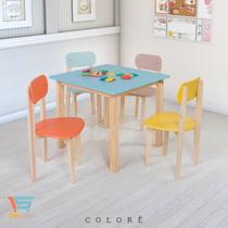 Mesa Infantil Colorê: 65x65 Pés Madeira 4 Cadeiras Coloridas Estrutura Em Madeira Maciça