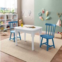 Mesa Infantil com 2 cadeiras Mariah Madeira Maciça e Laca Casatema Branco/Azul Zimbro