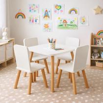 Mesa Infantil Educativa com 4 Cadeiras Branca Pés de Madeira Kit Mesa Infantil Montessori para Desenho Estudo Leitura Quarto Infantil Sala de Brinqued Mesa Infantil Educativa com 4 Cadeiras Branca Pés de Madeira Kit Mesa Infantil Montessori para Desenho Estudo Leitura Quarto Infantil Sala de Brinqued