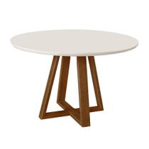 Mesa Jantar 100cm Tampo MDF/Vidro Redonda 4 Cadeiras Pés Madeira Maciça Imbuia/OffWhite
