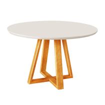 Mesa Jantar 100cm Tampo MDF/Vidro Redonda 4 Cadeiras Pés Madeira Maciça Mel/OffWhite