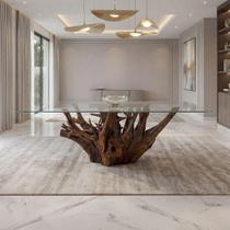 Mesa Jantar 6 Lugares 2,0m x 1,0m Base de Raiz Natural com Tampo Vidro Temperado