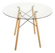 Mesa Jantar 80cm Redonda Vidro Temperado Base Eiffel Charles Eames Escrivaninha Sala Estar Cozinha Pé Eucalipto