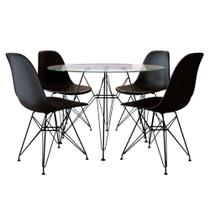 Mesa jantar eames de ferro preto tampo redondo 90cm vidro 4 cadeiras pretas