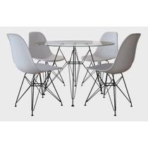 Mesa Jantar Eames De Ferro Preto Tampo Redondo Vidro 110cm 4 Cadeiras Brancas Mesa Jantar Eames De Ferro Preto Tampo Redondo Vidro 110cm 4 Cadeiras Brancas