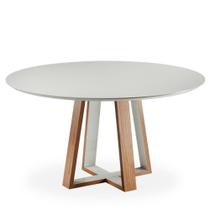 Mesa Jantar Emilly Maitê Redonda 140 cm Tampo Madeira Vidro Colado Carvalho Mel e Laca Off White
