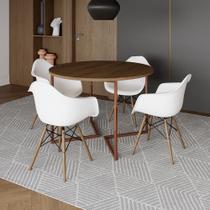 Mesa Jantar Industrial Amêndoa 110cm Redonda Base V Cobre com 4 Poltronas Eiffel Brancas Madeira Mesa Jantar Industrial Amêndoa 110cm Redonda Base V Cobre com 4 Poltronas Eiffel Brancas Madeira