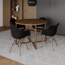Mesa Jantar Industrial Amêndoa 110cm Redonda Base V Cobre com 4 Poltronas Eiffel Pretas Madeira