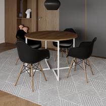 Mesa Jantar Industrial Amêndoa 110cm Redonda Base V Ferro Branco com 4 Poltronas Eiffel Pretas Madei Mesa Jantar Industrial Amêndoa 110cm Redonda Base V Ferro Branco com 4 Poltronas Eiffel Pretas Madei
