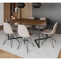 Mesa Jantar Industrial Amêndoa 137x90cm Base V com 6 Cadeiras Eames Aço Preto Estofadas Nude Claro