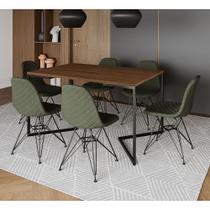 Mesa Jantar Industrial Amêndoa 137x90cm Base V com 6 Cadeiras Eames Aço Preto Estofadas Verdes