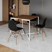 Mesa Jantar Industrial Amêndoa 90x90cm Base V Ferro Branco com 4 Cadeiras Eames Eiffel Madeira Preta