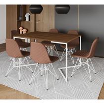 Mesa Jantar Industrial Amêndoa Base V 137x90cm 6 Cadeiras Estofadas Eames Caramelo Aço Branco