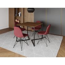 Mesa Jantar Industrial Base V 90cm Quadrada Amêndoa C/ 4 Cadeiras Ferro Preto Eames Estofada Vermelh