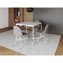 Mesa Jantar Industrial Base V 90cm Quadrada Branca C/ 4 Cadeiras Ferro Branco Eames Estofada Nude Mé