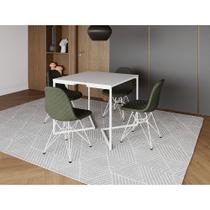 Mesa Jantar Industrial Base V 90cm Quadrada Branca C/ 4 Cadeiras Ferro Branco Eames Estofada Verde