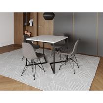 Mesa Jantar Industrial Base V 90cm Quadrada Branca C/ 4 Cadeiras Ferro Preto Eames Estofada Grafite