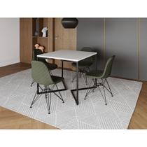 Mesa Jantar Industrial Base V 90cm Quadrada Branca C/ 4 Cadeiras Ferro Preto Eames Estofada Verde