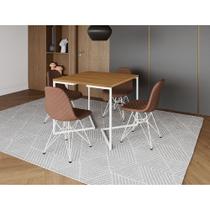 Mesa Jantar Industrial Base V 90cm Quadrada Canela C/ 4 Cadeiras Ferro Branco Eames Estofada Caramel