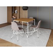 Mesa Jantar Industrial Base V 90cm Quadrada Canela C/ 4 Cadeiras Ferro Branco Eames Estofada Nude Mé