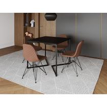 Mesa Jantar Industrial Base V 90cm Quadrada Preta C/ 4 Cadeiras Ferro Preto Eames Estofada Caramelo