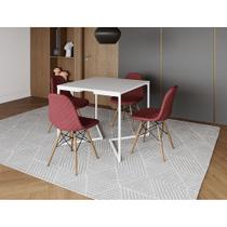 Mesa Jantar Industrial Base V Ferro Branco 90cm Quadrada Branca 4 Cadeira Madeira Estofada Vermelho