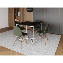 Mesa Jantar Industrial Base V Ferro Branco 90cm Quadrada Preta 4 Cadeira Madeira Estofada Verde
