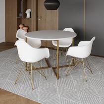 Mesa Jantar Industrial Branca 110cm Redonda Base V com 4 Poltronas Eames Eiffel Daw Brancas Base Dou