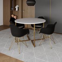 Mesa Jantar Industrial Branca 110cm Redonda Base V com 4 Poltronas Eames Eiffel Daw Pretas Base Dour