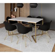Mesa Jantar Industrial Branca 137X90Cm Base V Com 6 Poltronas Daw Pretas Base Dourada Cor: Branco