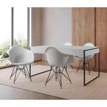Mesa Jantar Industrial Branca 137X90Cm Com 4 Poltronas Brancas Base Ferro Pr Cor: Branco