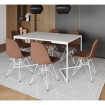Mesa Jantar Industrial Branca Base V 137x90cm C/ 6 Cadeiras Estofadas Caramelo Eiffel Aço Branco
