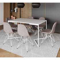 Mesa Jantar Industrial Branca Base V 137x90cm C/ 6 Cadeiras Estofadas Nude Médio Eiffel Aço Branco - CASA PRIME