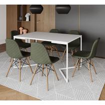 Mesa Jantar Industrial Branca Base V Aço Branco 137x90cm 6 Cadeiras Madeira Estofadas Verdes