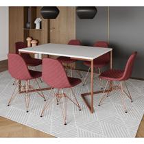 Mesa Jantar Industrial Branca Base V Cobre 137x90cm 6 Cadeiras Estofadas Vermelhas Eiffel Cobre
