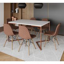 Mesa Jantar Industrial Branca Base V Cobre 137x90cm com 6 Cadeiras Madeira Estofadas Caramelo