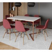 Mesa Jantar Industrial Branca Base V Cobre 137x90cm com 6 Cadeiras Madeira Estofadas Vermelhas