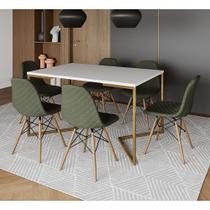 Mesa Jantar Industrial Branca Base V Dourada 137x90cm 6 Cadeiras Eames Madeira Estofadas Verdes