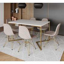 Mesa Jantar Industrial Branca Base V Dourada 137x90cm 6 Cadeiras Estofadas Nude Claro Dourada