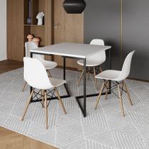 Mesa Jantar Industrial Branca Quadrada 90X90 Base V Ferro Preto Com 4 Cadeiras Brancas Cor: Branco