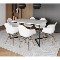 Mesa Jantar Industrial Branca Retangular 137X90Cm Base V Ferro Preto Com 6 Poltronas Br Cor: Branco