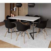 Mesa Jantar Industrial Branca Retangular 137x90cm Base V Ferro Preto com 6 Poltronas Eames Eiffel Pr