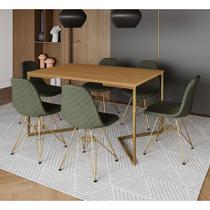 Mesa Jantar Industrial Canela Base V Dourada 137x90cm C/ 6 Cadeiras Estofadas Verdes Dourada