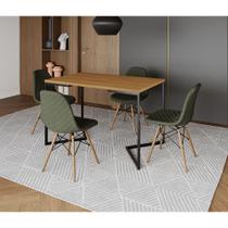 Mesa Jantar Industrial com 4 Cadeiras Estofadas Verde Madeira Tampo Canela 120x75 Base V Aço Preto