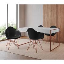 Mesa Jantar Industrial Filadélfia Branca 137x90cm com 4 Poltronas Eames Eiffel Pretas Base Cobre